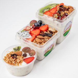 1 bowl of 150ml mini Exotic Berry Parfait, 1 of 330ml Tropical Deluxe Parfait and 1 of 500ml Exotic Berry Parfait