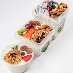1 bowl each of 150ml mini & 330ml Exotic Berry Parfait and 1 bowl of 500ml Tropical Deluxe Parfait