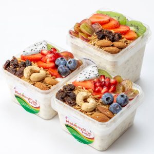 1 bowl of 500ml Exotic Berry Parfait and 2 bowls of 330ml Tropical Deluxe Parfait