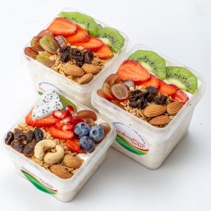 2 bowls of 500ml Exotic Berry Parfait and 1 bowl of 330ml Tropical Deluxe Parfait